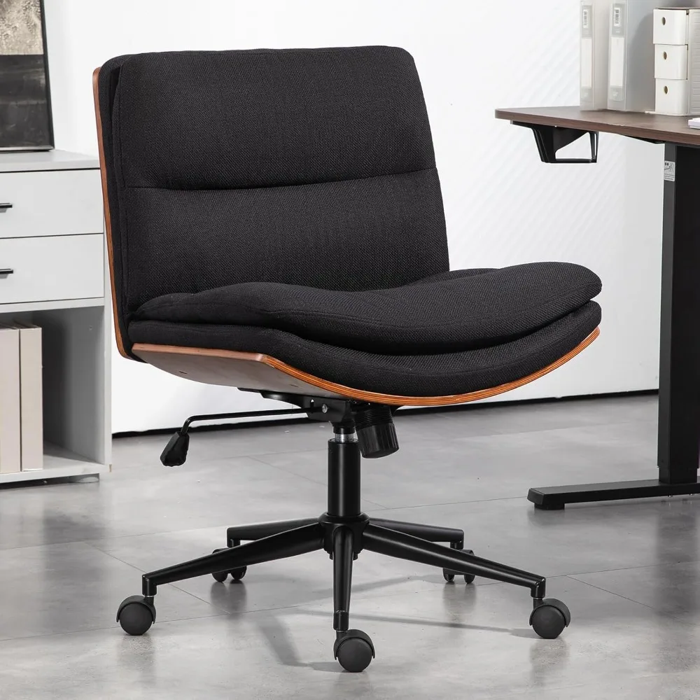 

armless modern walnut office desk chair with wheels, adjustable wide swivel task chair, ergonomic cross legged fabric chair for