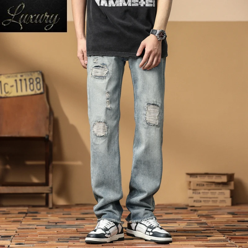 

2023 New Ripped Jeans Men Cuffed Baddie Regular Knees Retro Distressed Thin Denim Pants Male Summer Fashion Designer Streetwear