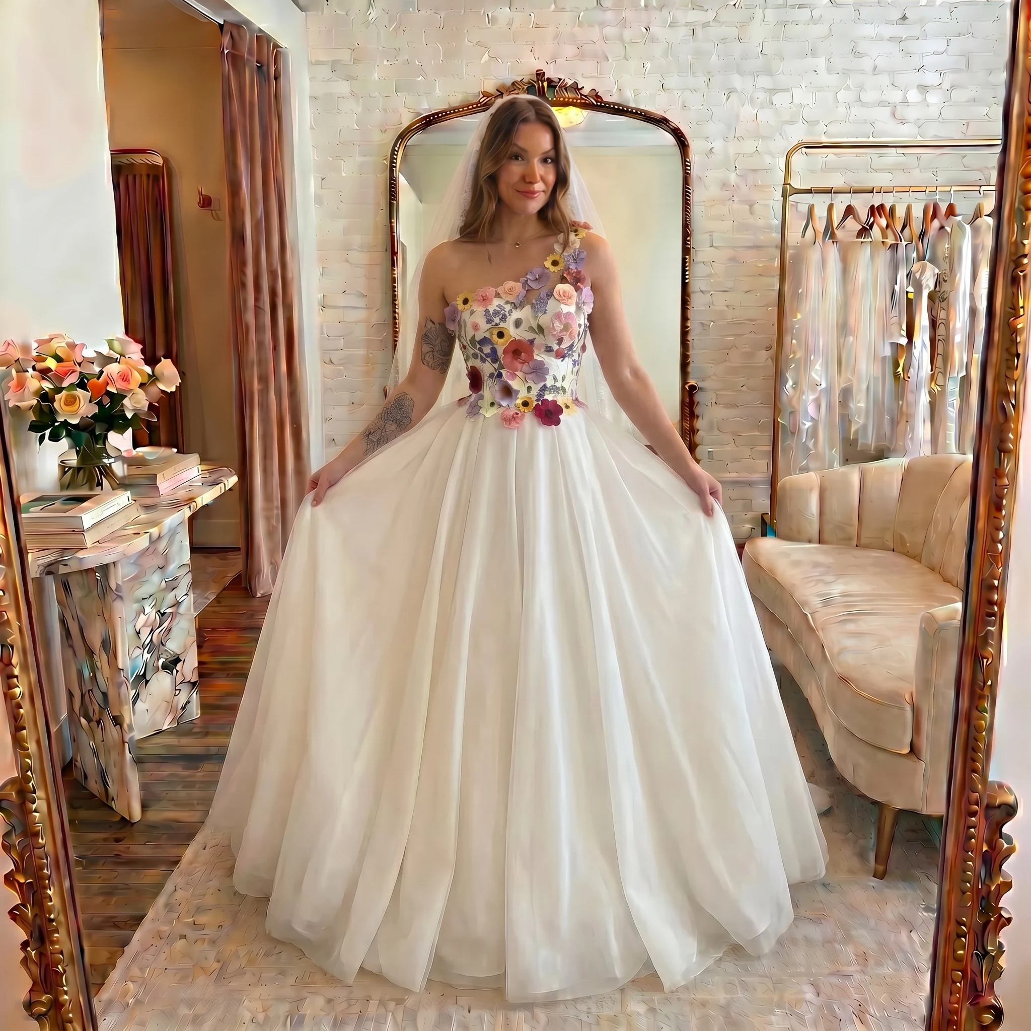 One Shoulder 3D Colorful Floral A Line Wedding Dress Corset Lace Up Back Floor Length Tulle Boho Bridal Gown