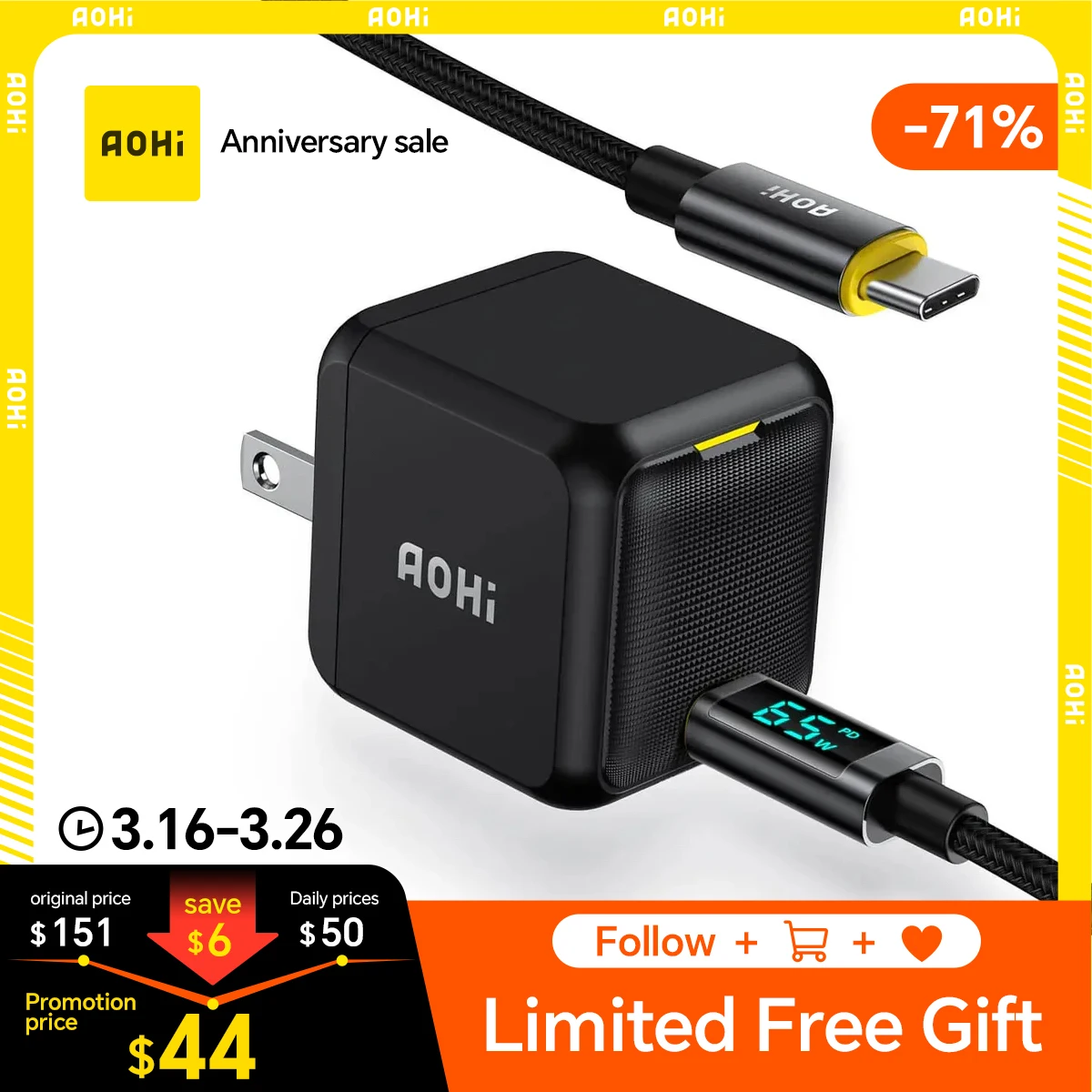 AOHI 67W GaN+ PD Fast Charger Block for MacBook Pro/Air,iPad Pro,Galaxy S22/S21, iPhone 15 Pro Max/14 Plus/13/12