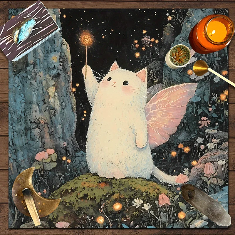 VIKAMA 2/4PC Magic Elf Tarot Tablecloth Pink Winged White Cat Wand Bedroom Children's Room Fantasy Decor