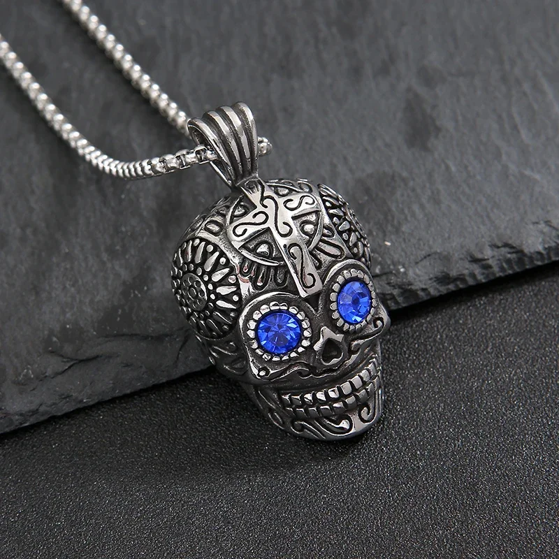 316L Stainless Steel Gothic Skull Pendant Necklace for Men Boy Punk Hip Hop Personality Overbearing Blue Stone Necklace Jewelry