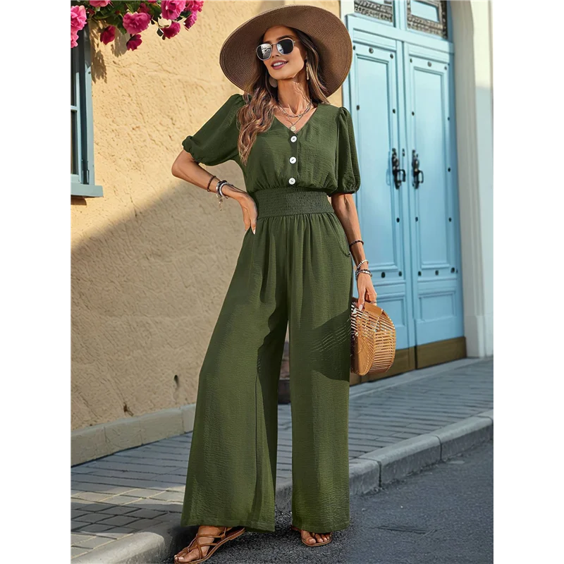 Kombinezony damskie ABP z krótkim rękawem, dekoltem w serek, eleganckie, codzienne, z szerokimi nogawkami.