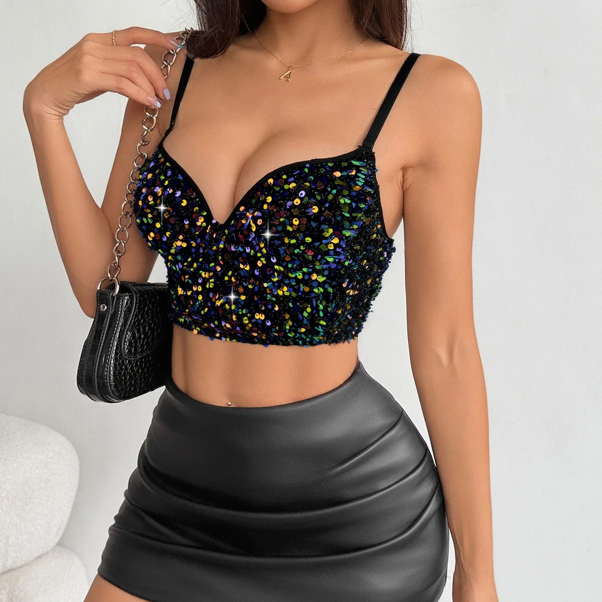 

Индивидуальный женский взрослый глубокий v-образный вырез, сексуальный плотный корсет с блестками, собранный для формирования треугольной чашки, бюстгальтер, ультра короткий вечерние без бретелек