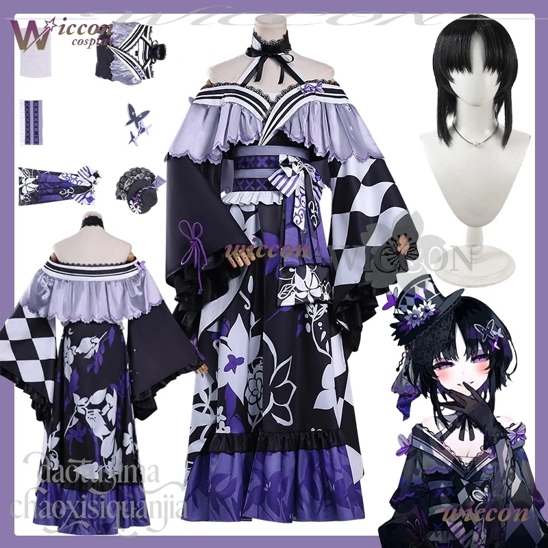 

Houshou Maago Косплей Аниме Игра Mahou Shoujo No Majo Saiban Костюм Длинное кимоно Фиолетовый цветок Готическая Лолита Парики Хэллоуин Вечеринка