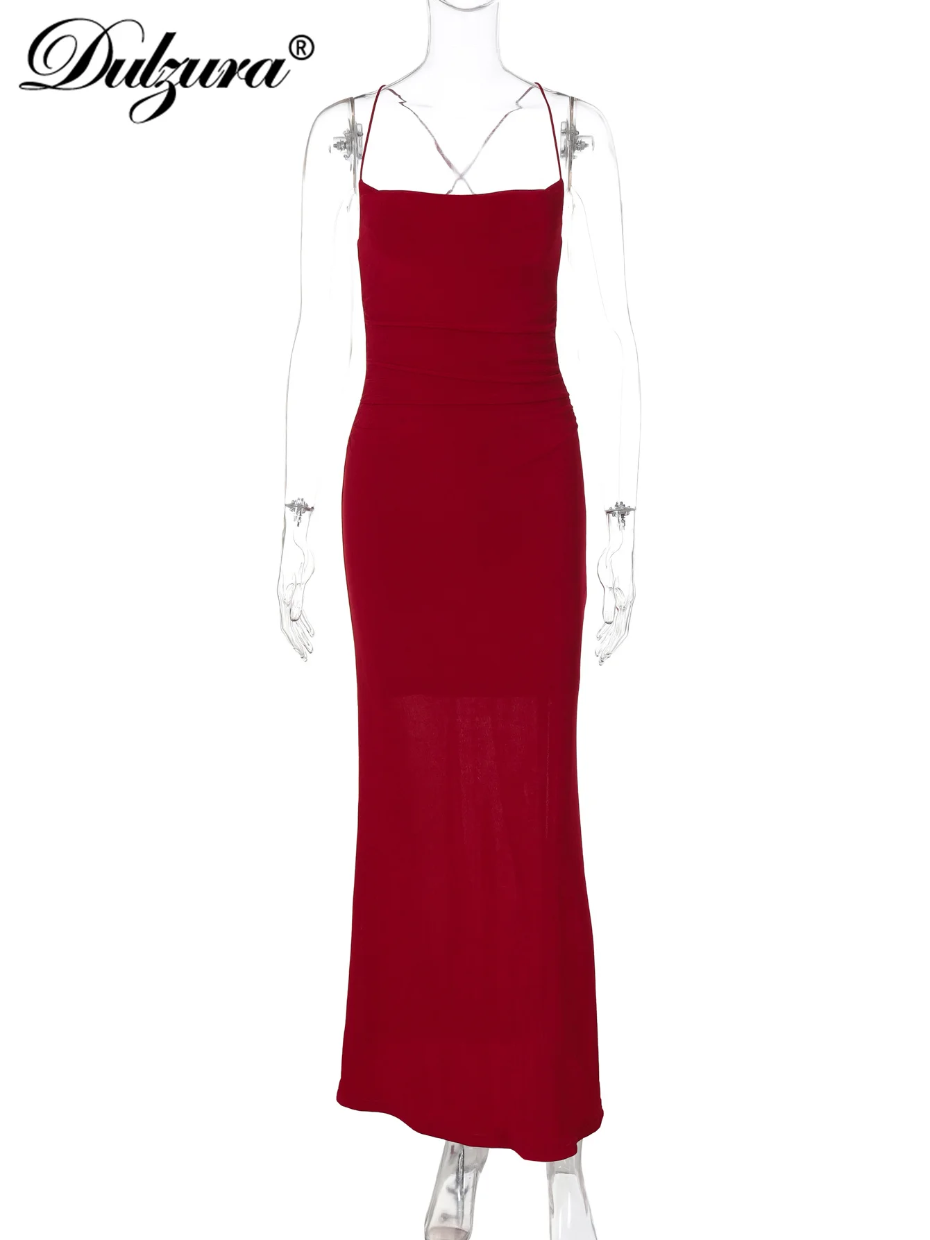 Dulzura Ärmelloses, rückenfreies, schmal geschnittenes, gerüschtes Cami-Maxikleid für Damen, solides, sexy, elegantes langes Kleid, Party, Club, Abschlussball, Sommerkleidung