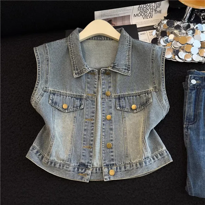 

Summer New Women Vintage Blue Short Denim Vest Lapel Single-Breasted Long Sleeve Jeans Jacket Female Slim Thin Cowboy Waistcoat