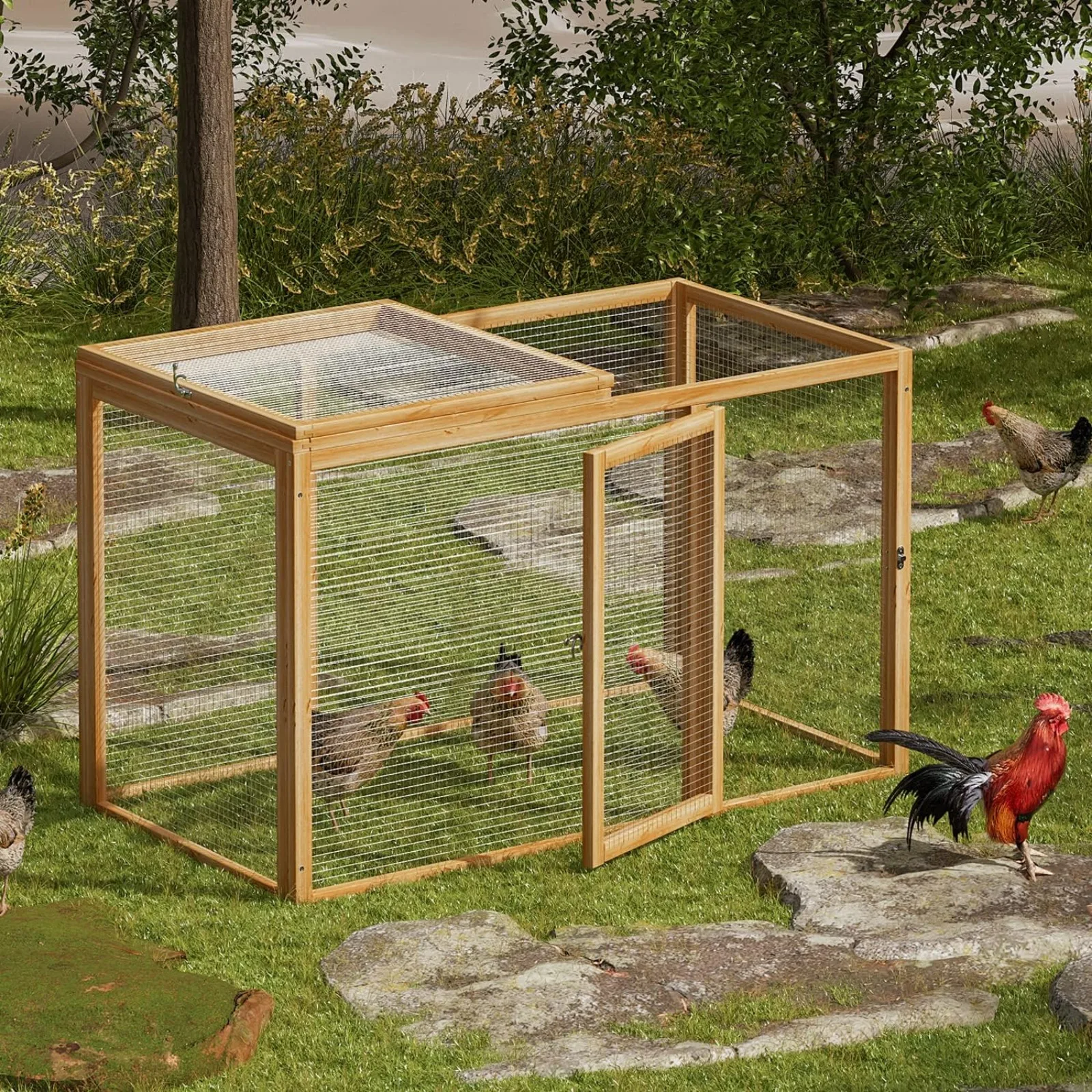 US Chicken Run for Yard Wood Chicken Cage Rabbit Hutch Bunny Pen with Openable Roof and Side Door,