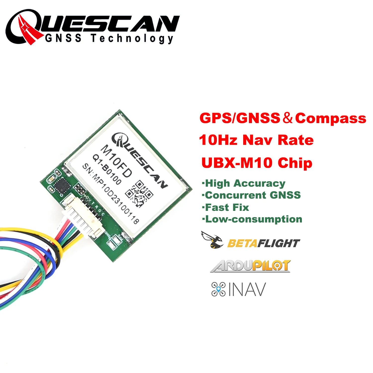 

QUESCAN 10Hz Drone M10 GPS Compass Module for INAV Betaflight Pixhawk APM GPS Galileo GLONASS Beidou,Accuracy 1 meter