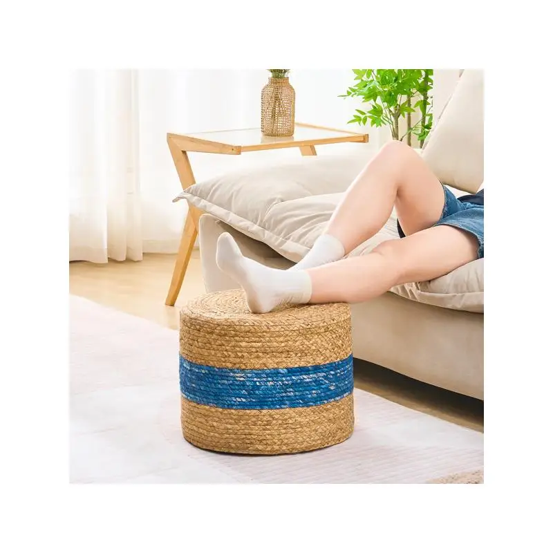 مقعد قدم منسوج يدويًا، مسند صفير الماء الطبيعي لديكور المنزل والجلوس باللون الأزرق