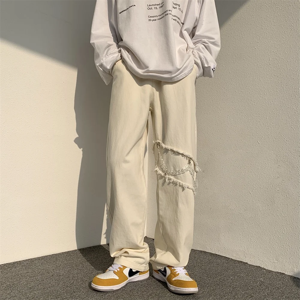 

New Fashion Casual Ripped Pants Spring Men's Straight Wide-leg Pants Chain Decor Washed Cotton Long Trousers Apricot/Black