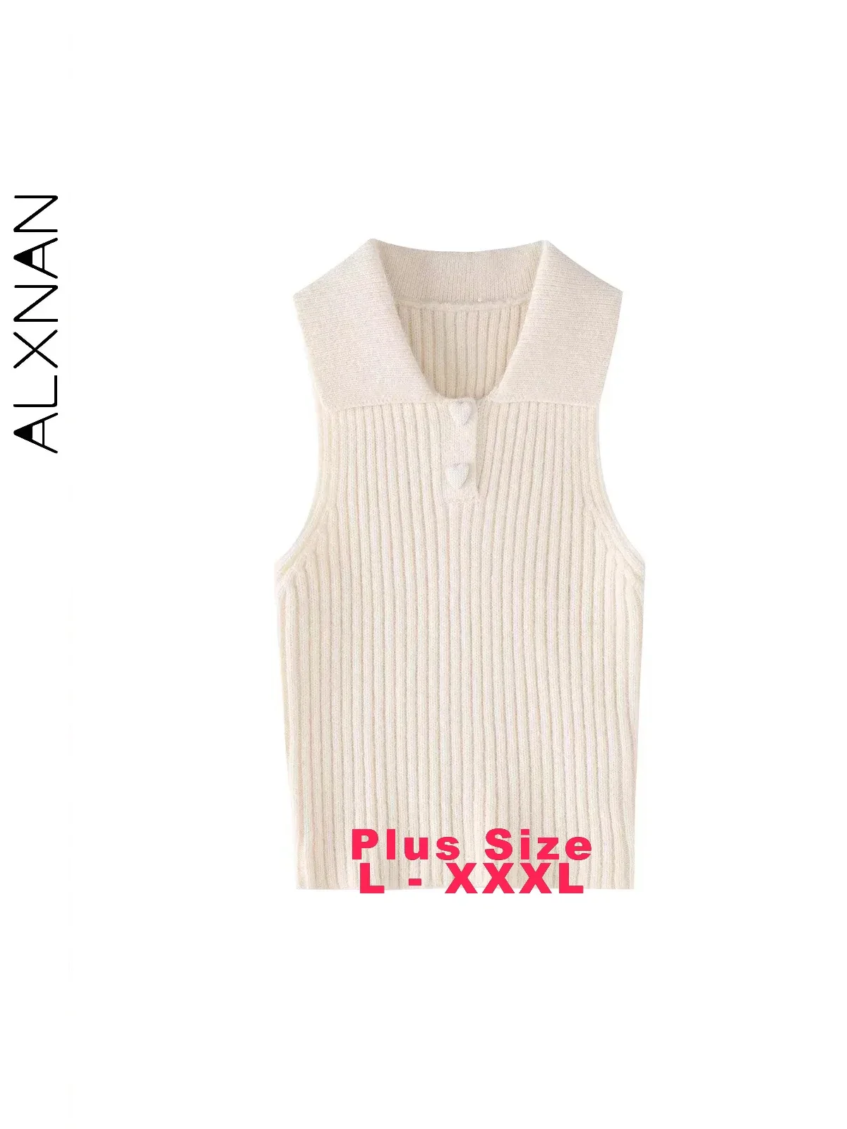 

ALXNAN Women's Plus Size Sweater Vests 2024 Fall Winter New Lapel Collar Heart Buttons Knit Stripe Sleeveless Waistcoat D07861MJ