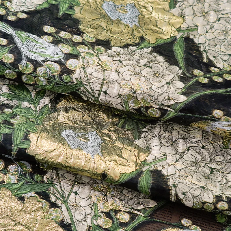 Palace Style Gold Silk Flower and Bird Jacquard Fabric Retro Hanfu Dress Diy Sewing Fabric