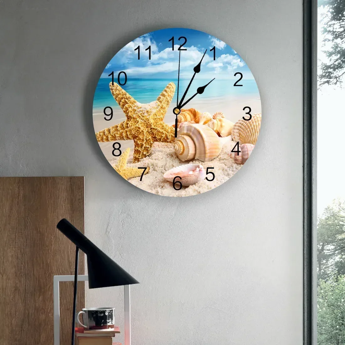 Beach Sea Starfish Shells Blue Wall Clocks Non Ticking for Girl Boy Bedroom Bathroom Kitchen Living Room Office Round Clock