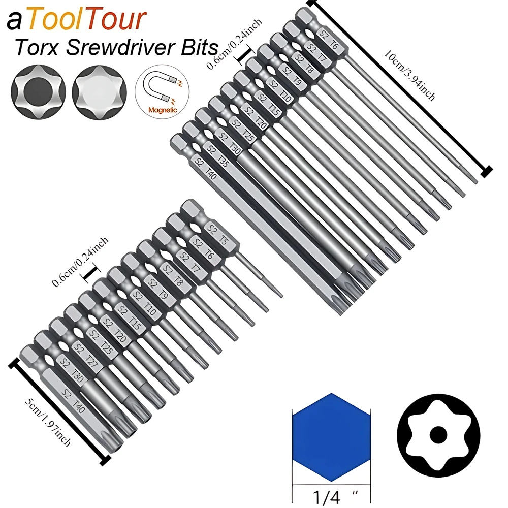 Magnetic Torx Screwdriver Set 100/50mm Extra Long Security Tamper Proof Star Drill Bit Screw Driver Tips Hex 1/4 for Rotary Tool