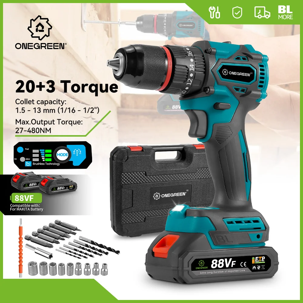 ONEGREEN 13mm Brushless 480N.M Electric Impact Drill 20+3 Torque Cordless Screwdriver Power Tools For Makita 18V Battery