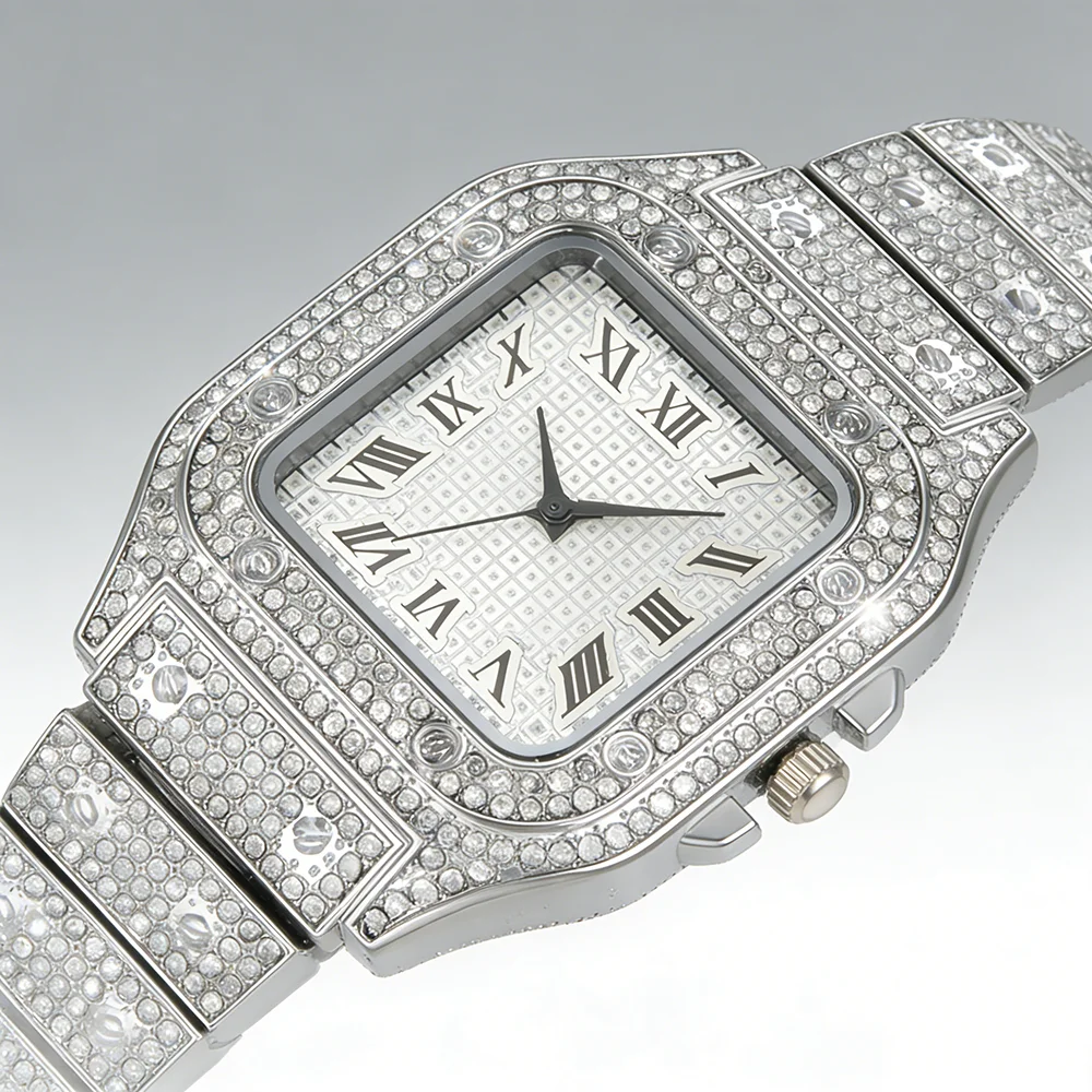Men's Luxury Full Diamond Square Watch Iced Out Crystal Quartz Wristwatch Business Casual Waterproof Timepiece