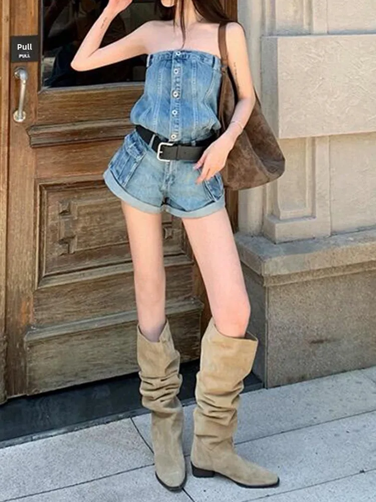 Retro American High Street Design Sexy Girl Vintage Distressed Crop Top And Denim Shorts Women's Loose One-Piece Shorts