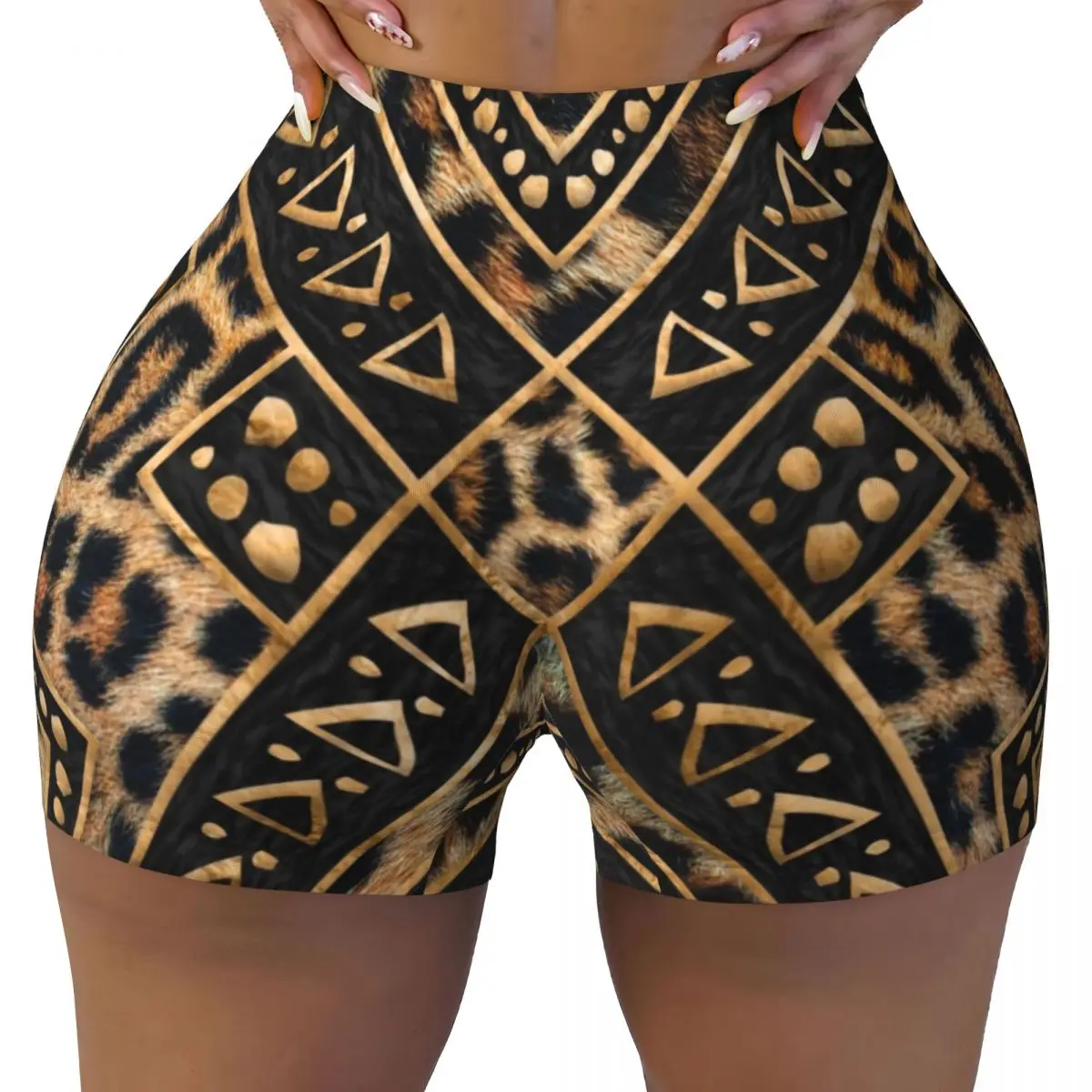 Custom Leopard Fur Ethnic Tribal Geometric Ornaments Workout Biker Running Shorts Women's Animal Leather Texture Gym Yoga Shorts