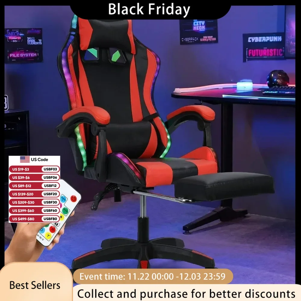 Gaming Chair Massage w Bluetooth Speakers RGB LED Lights,Ergonomic，Footrest,Height Adjustable Adults w Back Lumbar Support Red