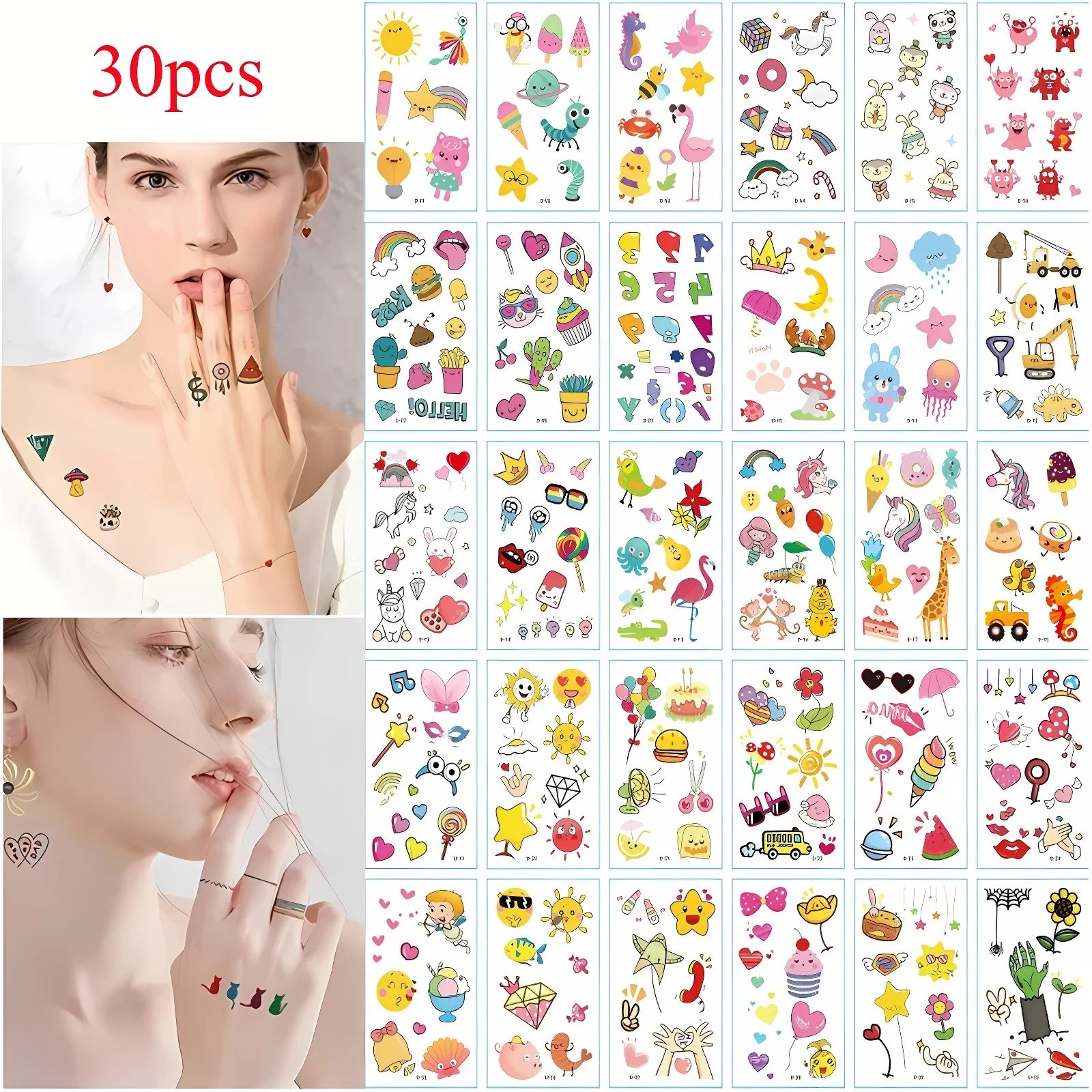 30pcs/set Kids Tiny Tattoo Sticker for Children Finger Unicorn Monster Sun Cactus Burger Cake Cartoon Fake Tattoo Party Favors