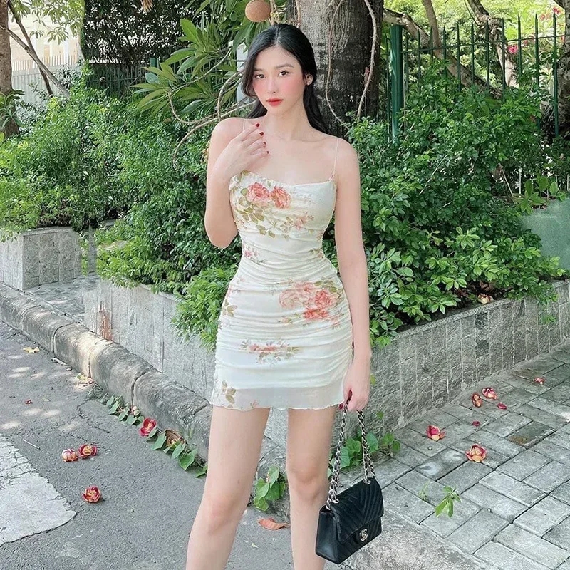 

2000s Women Vintage Floral Paint Mini Dress Y2k Aesthetic Sleeveless Ruffles Hem Kawaii Sundress Sexy Sweet Fairycore Dresses