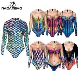 Nadanbao Mermaid Swimsuit Cosplay Costume Swimwear Women Travel Party Long Sleeve Swimsuit Female 3D Printing Bodysuit Beachwear