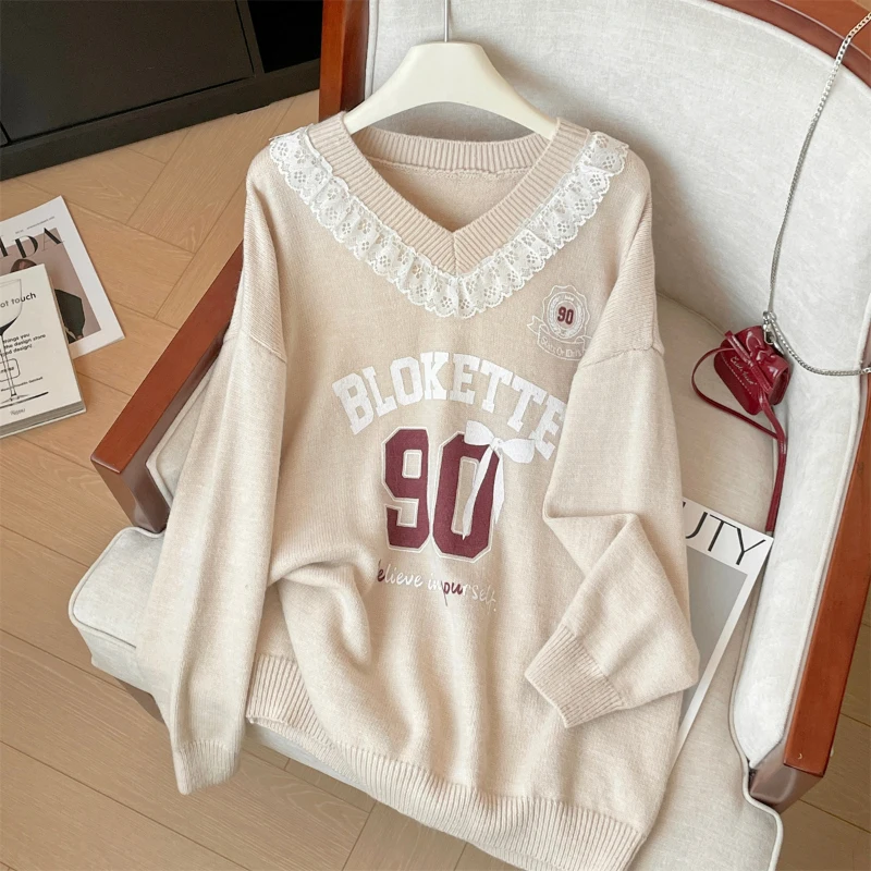 Bomon Japanese Harajuku design Embroidered lace printed letter sweater women's new autumn/winter loose long-sleeved V-neck top