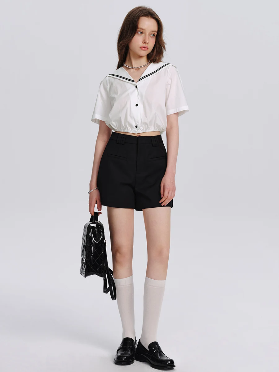 

plus Navy Collar ort Sve irt Elastic Waist Slim Fit ort Length Cotton Blend Korean Sle Commute irt