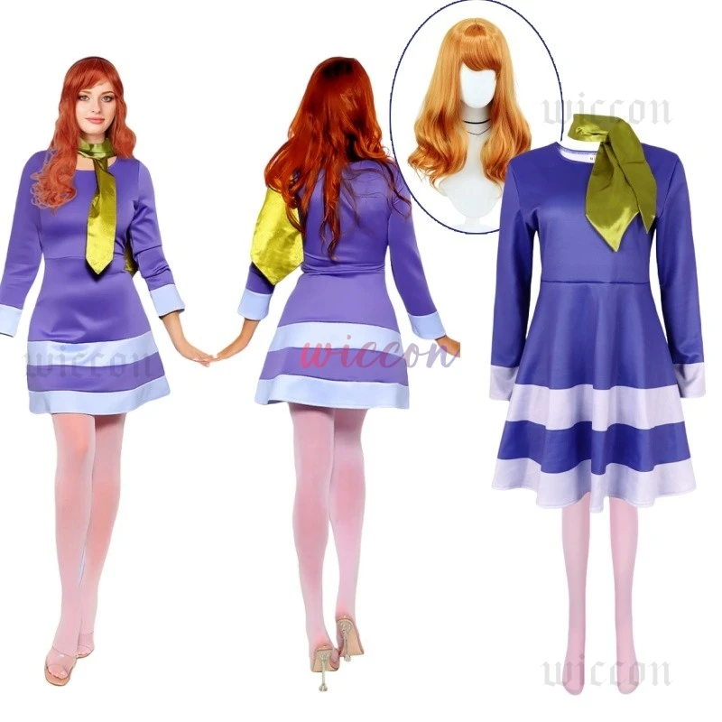 

Daphne Cosplay Costume Cartoon Rolepaly Purple Dress Outfits Women Disguise Wig Scarf Sock Halloween Party Suit