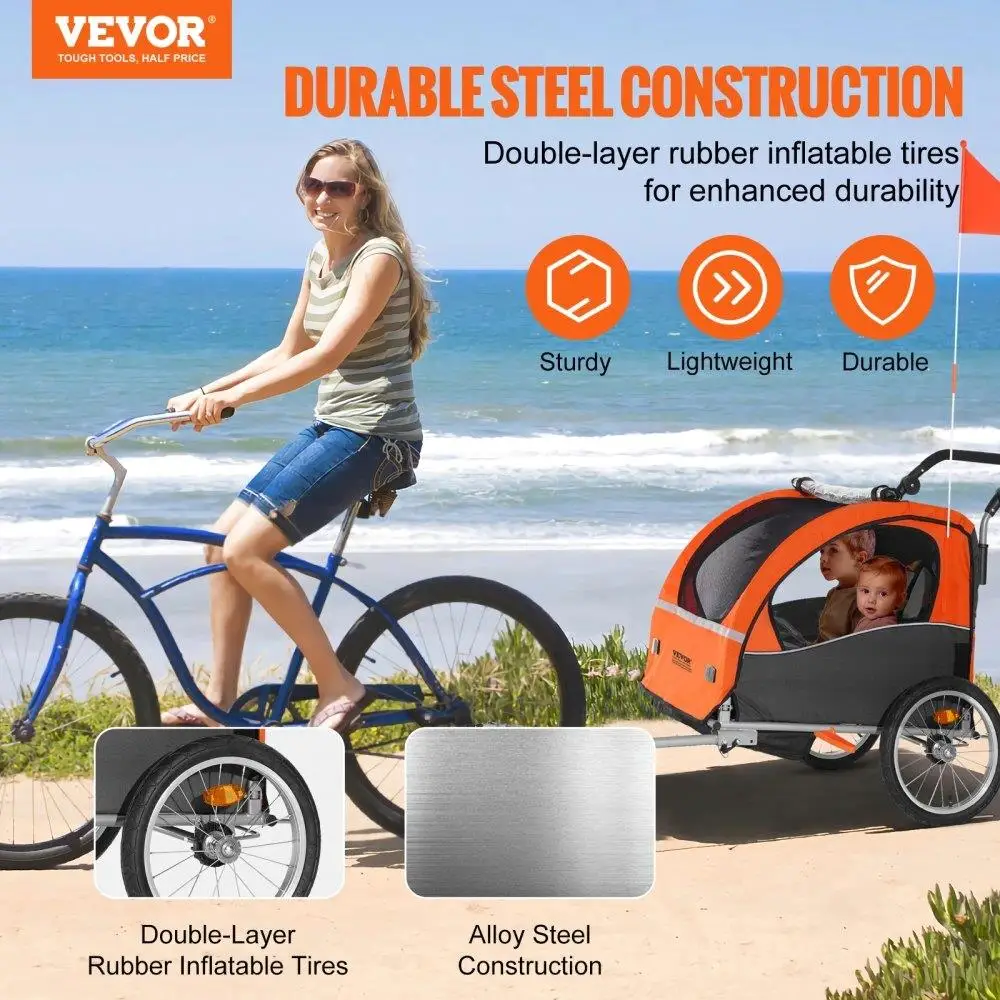 2-in-1 Toddler Bike Trailer & Stroller - Dual Seat, 100 lbs Capacity, Foldable Child Carrier with Canopy - Orange/Gray