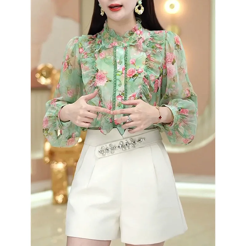 Blusa con bordado de encaje y volantes para mujer, camisa holgada con manga farol, Estilo Vintage, elegante, para otoño, 2023