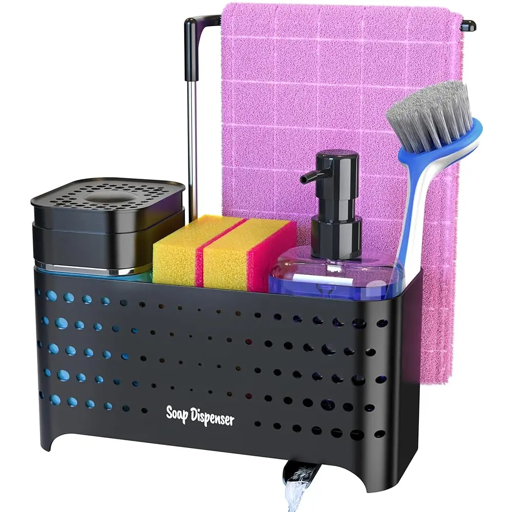

Набор дозаторов для моющего средства с держателем для губки для кухонной раковины, органайзер-подставка для раковины 5-в-1 с поддоном для слива, держателем для щеток и тряпкой