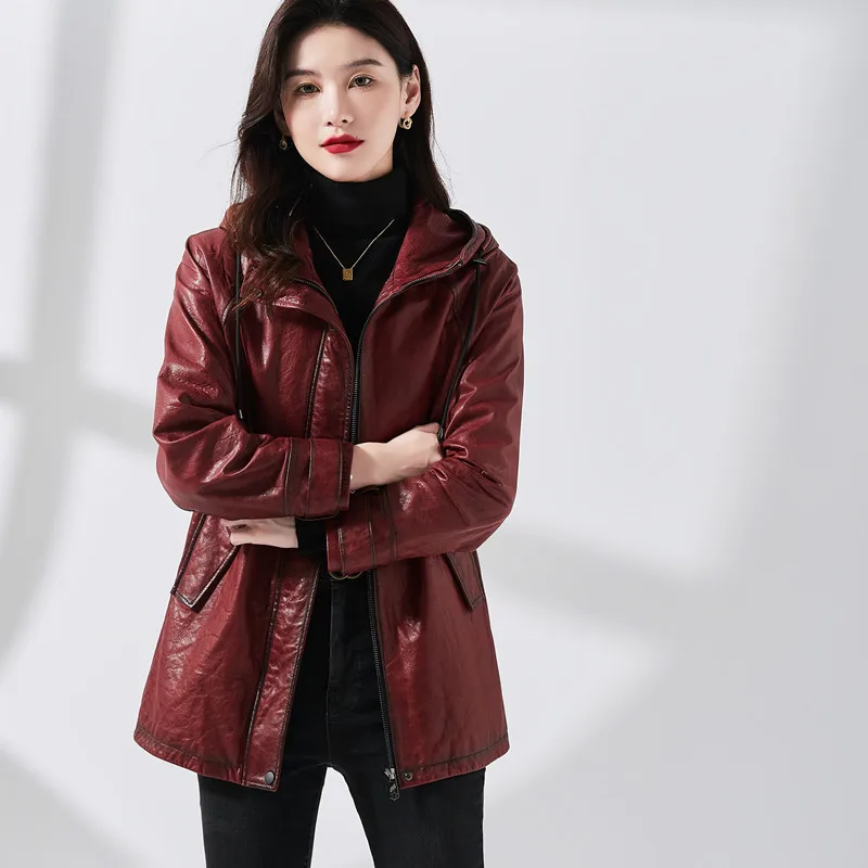 Leather Jackets Women Autumn Vintage Claret Medium to Long Loose Hooded Turkey Sheepskin Waxy Leather Coat Cazadora Piel Mujer