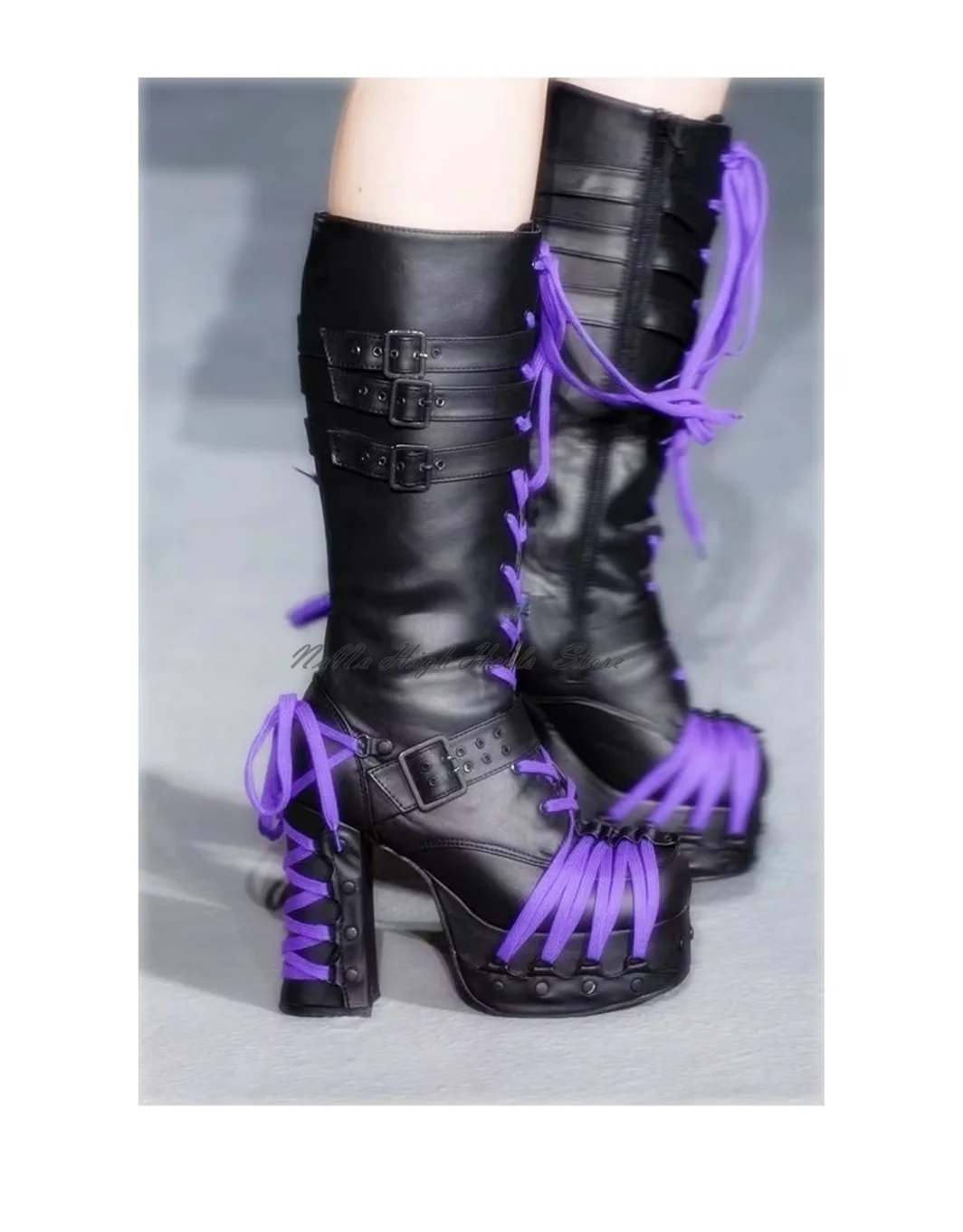 

Ботинки до середины икры на высоком каблуке в стиле панк с перекрестными ремешками, женские ботинки до середины икры на платформе с пряжкой, осенняя модная обувь на молнии для девочек, роскошная обувь