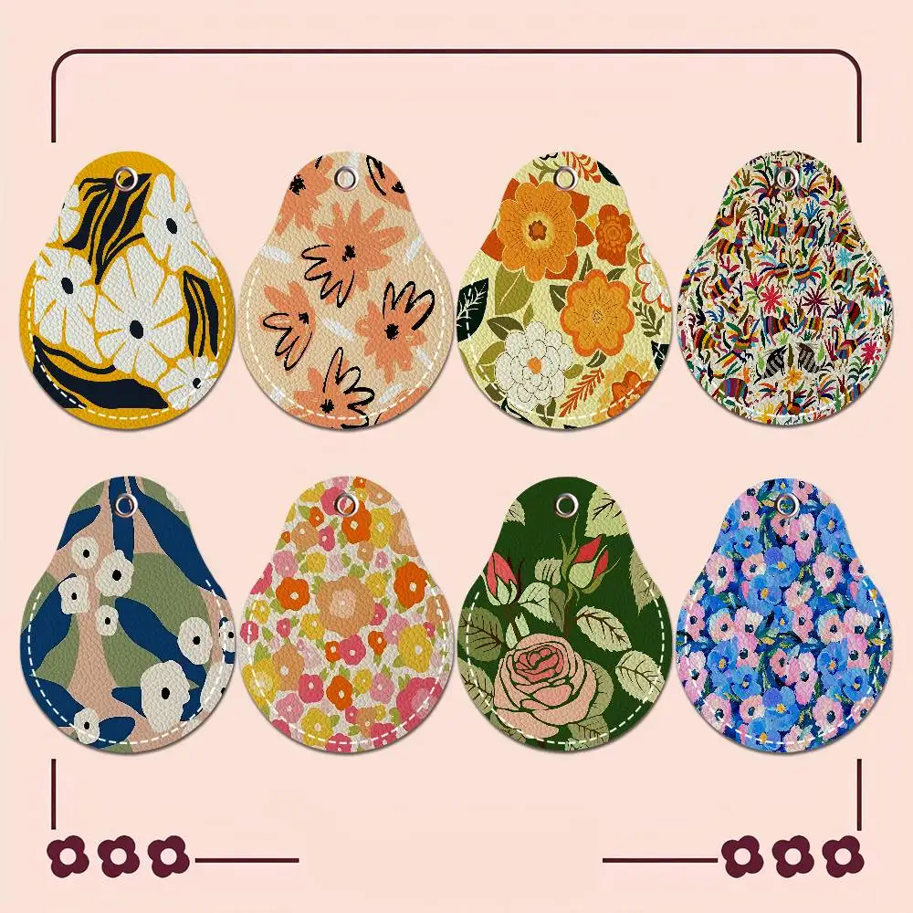 Abstract Flower Market 1pcs Leather Card Holder with Key Ring Water Drop Shaped Key Case Keychain Doorlock Accessories