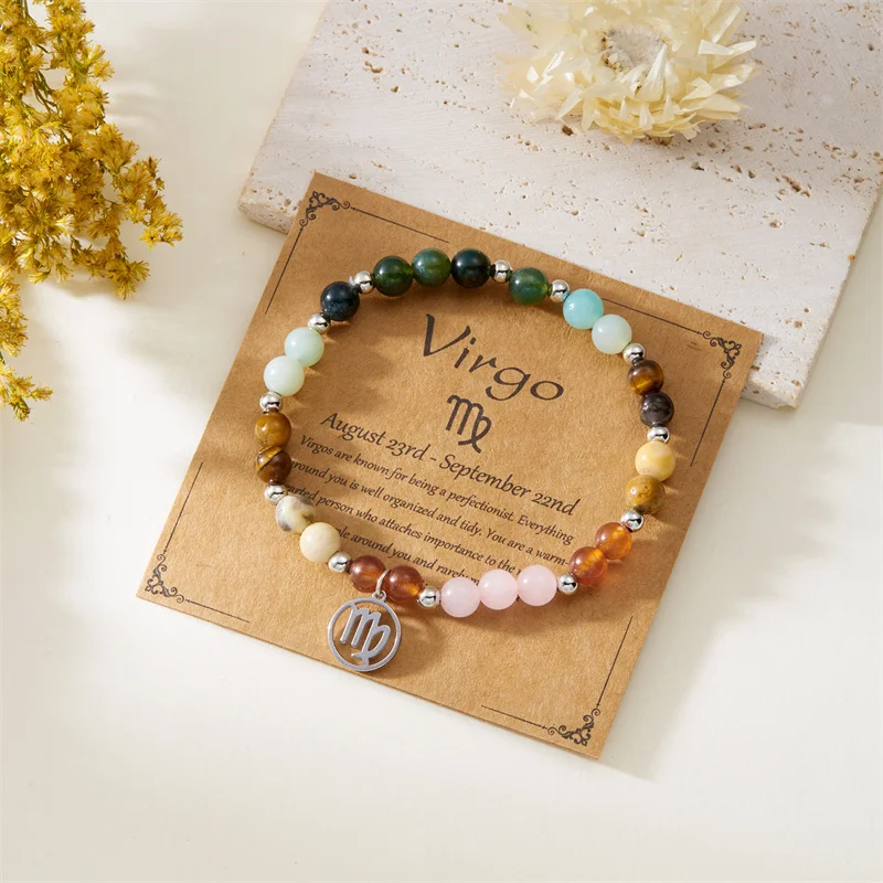 Minimalistische Bunte Naturstein-Perlenarmbänder für Damen und Herren, Modische Handgefertigte 12 Sternzeichen-Armbänder, Schmuck – Detail 19