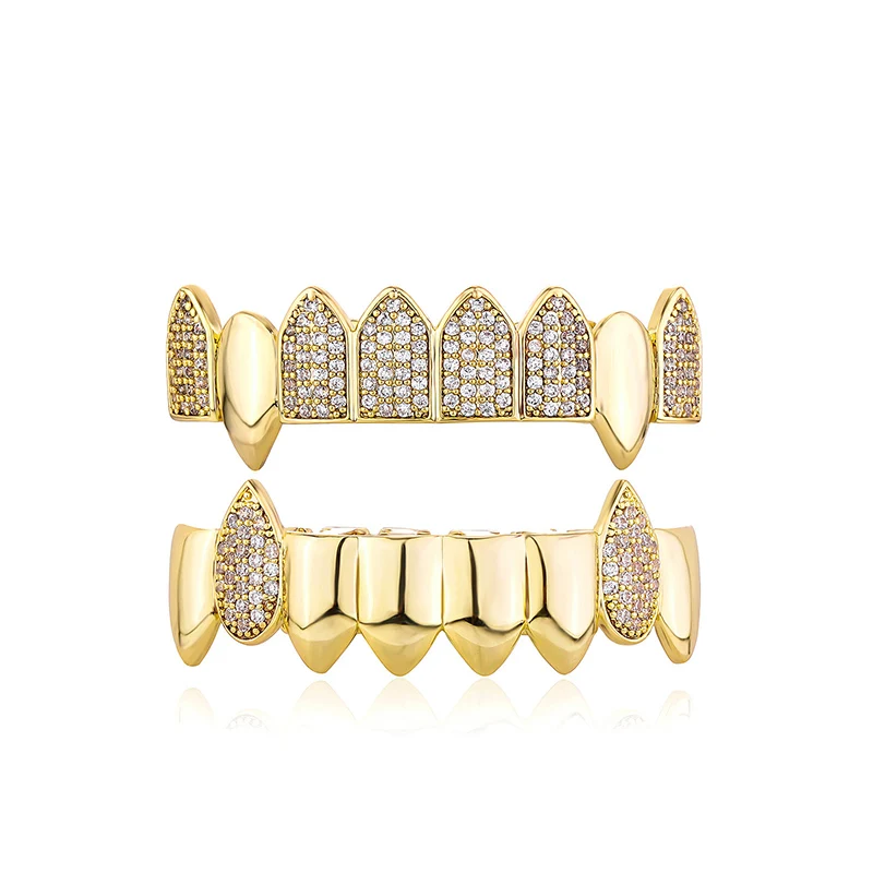 Hip Hop 5A+ CZ Stone Paved Bling Iced Out Vampire Fang Top Bottom Teeth Grillz Dental Grills Set Men Rapper Jewelry