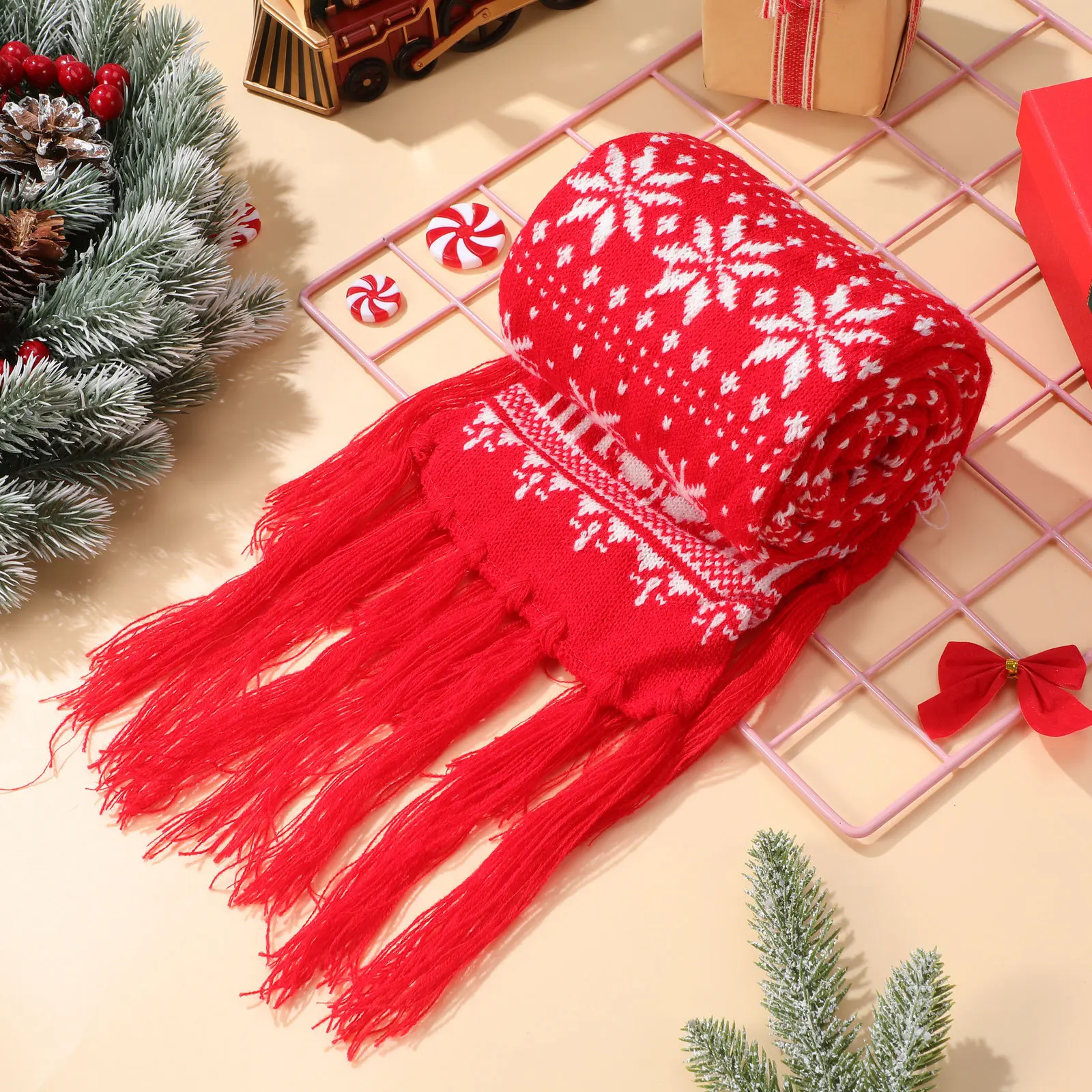 

Christmas Scarf For Women Knitted Snowflake Reindeer Pattern Winter Holiday Warm Accessory Xmas Gift Cold Protection Unisex