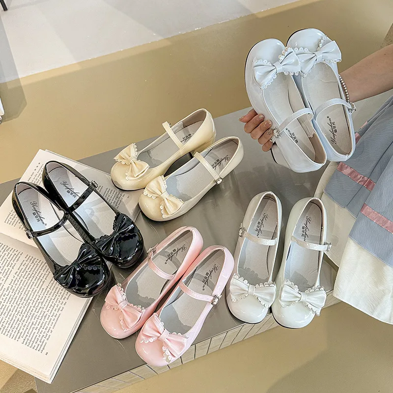 Cute Butterfly-knot Women Lolita Mary Jane Shoes Concise Thick Heel Leather Shoes Ladies Shallow Pumps 2026