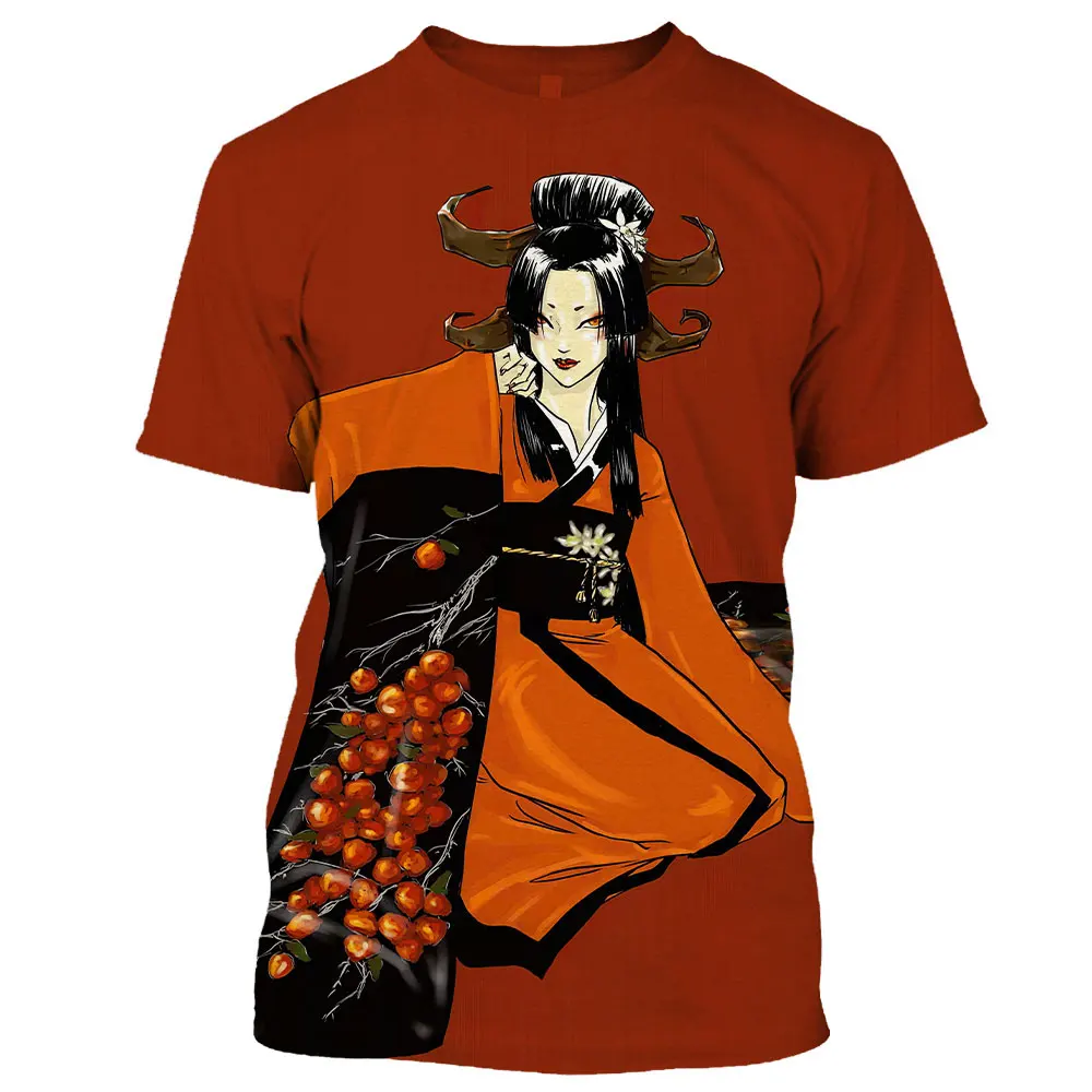 Summer Fashion Japanese Geisha Samurai cool T shirt Men Casual Hip Hop streetwear 3D Printed Color Painting Short Sleeve Tees