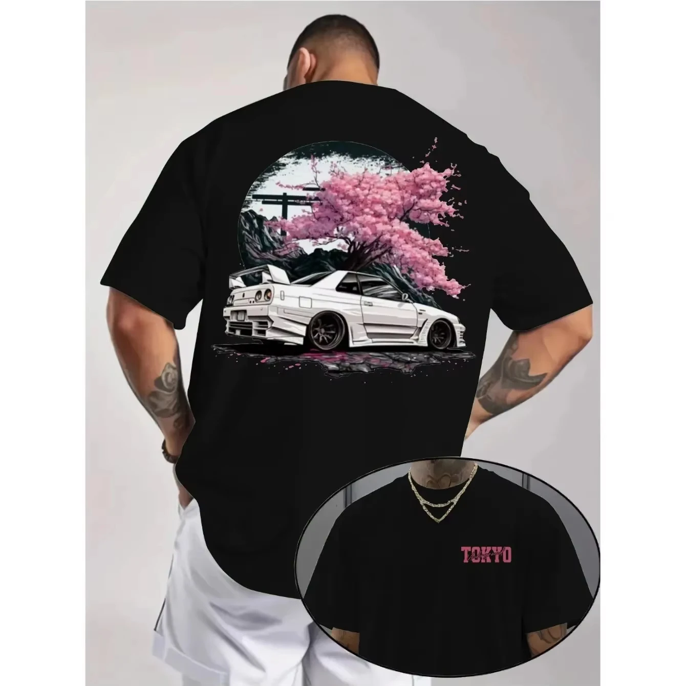 JDM Tokyo Drift Car T-Shirt Unisex Oversized Japanische Streetwear Sakura Grafik-T-Shirt Y2K Ästhetisches Sommer-Baumwoll-Oberteil – Detail 3