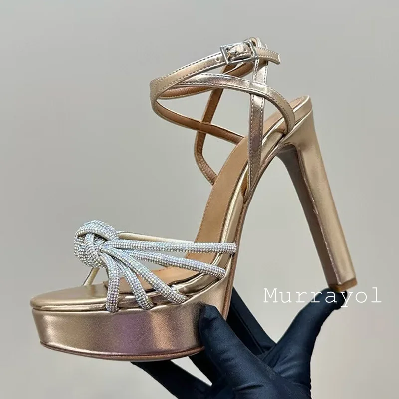 جديد حجر الراين ديكور منصة مقاومة للماء Sandalias النساء جلد طبيعي هايت الكعب الصنادل الصيف فستان الحفلات أحذية مضخات