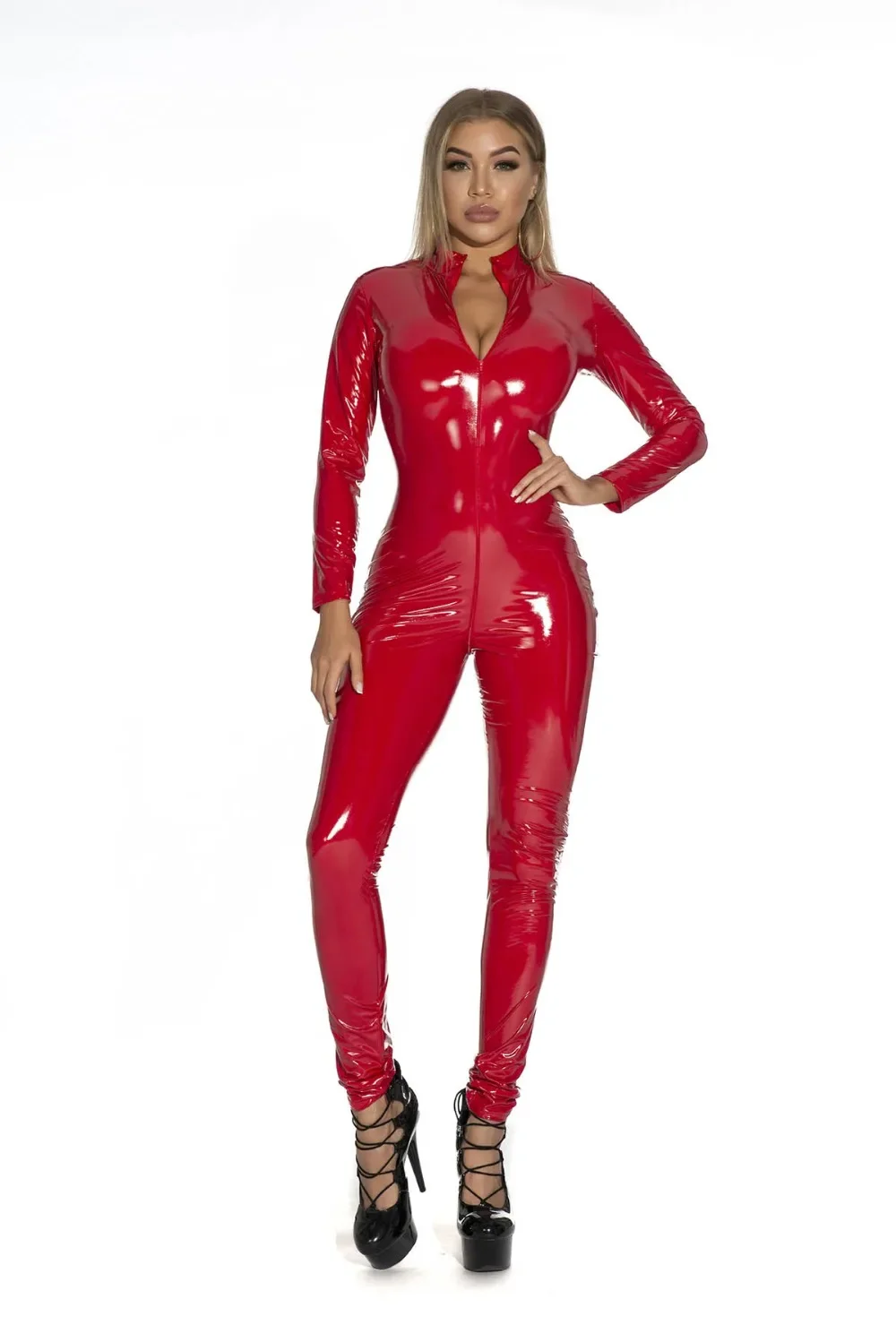 Women's Wet Look Shiny PU Faux Leather Jumpsuit Suit Long Sleeve Zipper Open Crotch Latex Bodysuit Clubwear