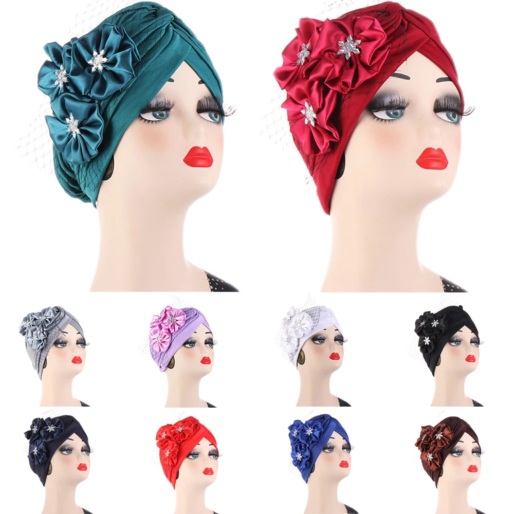 

Fashion Turbante Caps for Women Big Flower Head Wraps Muslim Headscarf Bonnet African Headtie Indian Hat Headwear Wedding Party