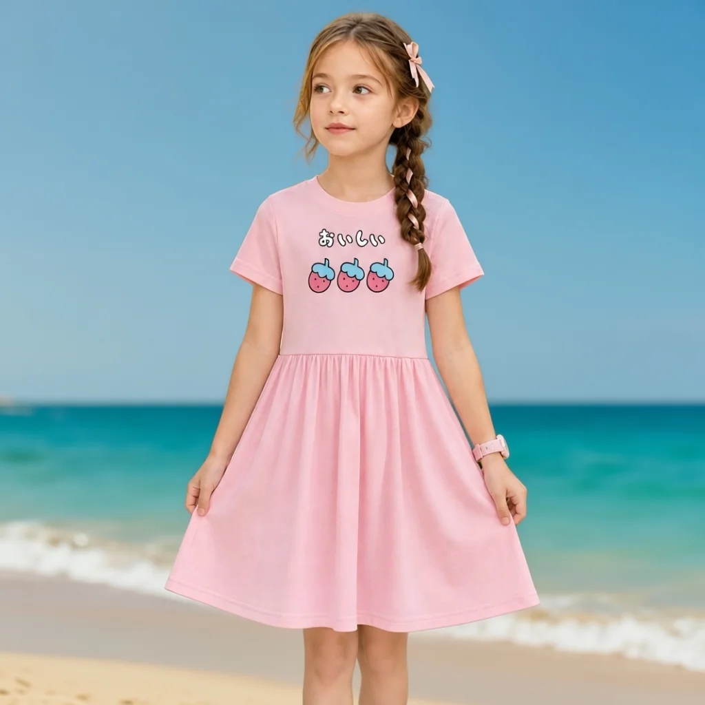 3‑14Y Girls Cotton Short‑Sleeve T‑Shirt Dress Cute Strawberry Graphic Print Crew Neck Loose Swing Summer Casual Dress