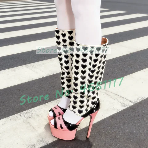 Black Heart Print Platform Sandal Boots Women Trendy Sexy Mixed Color Cut Out Boots Female Open Toe Pink High Heels Long Shoes