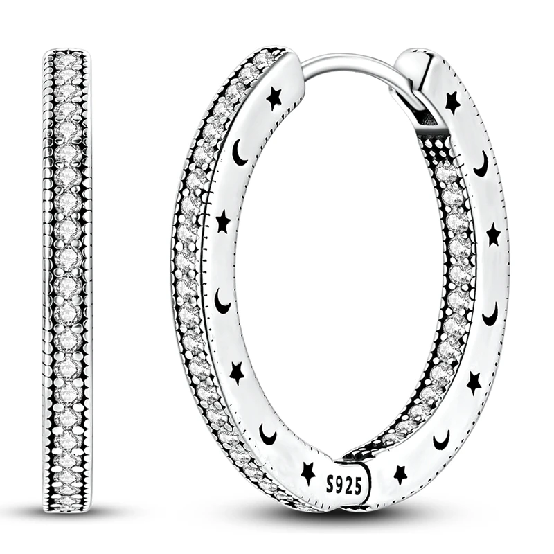 925 Sterling Silver Moon Star Huggie Hoop Earrings Paved Cubic Zirconia Inside Engraved Dainty Daily for Women Jewelry Gift