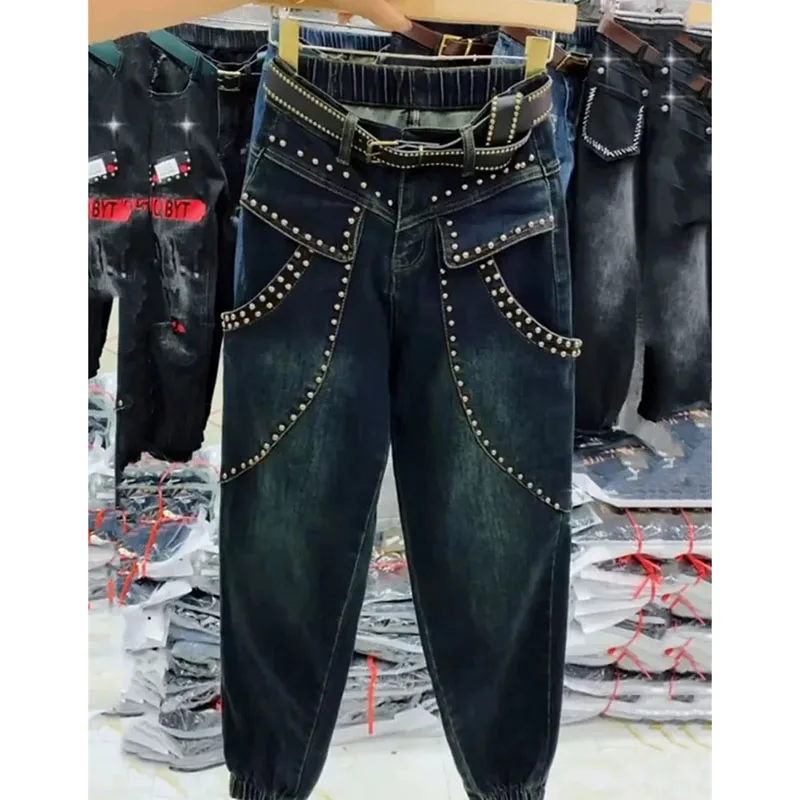 

2024 Spring Autumn New heavy Industry Rivet Jeans Women's Button Vintage Wash Old Studded Wide Leg Jeans Pantalones De Muje