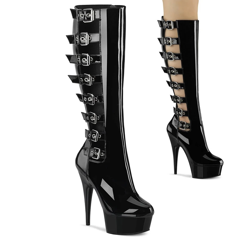 Gothic Thigh High Boots with Belt Buckle 15cm High Heel 6-Inch Platform Hollow Design Sexy Exotic Knee Boots for Ladies